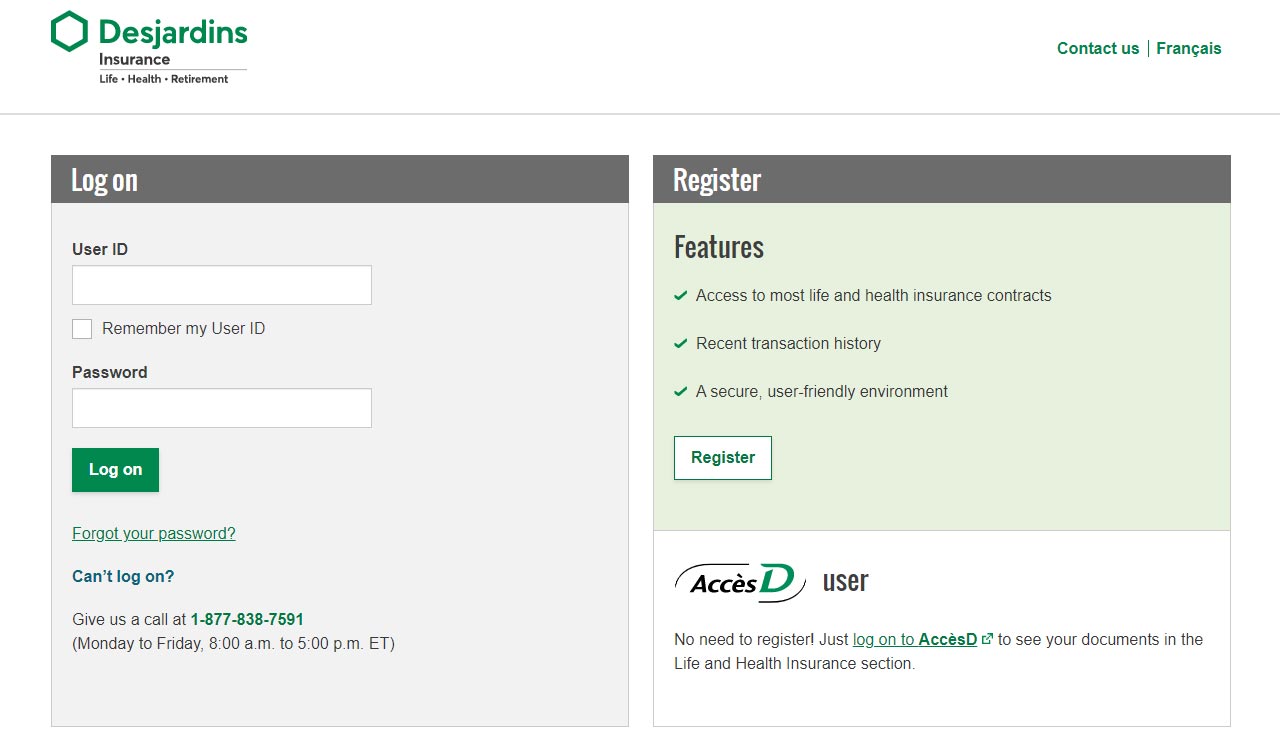 Desjardins Insuance login and registration screenshot