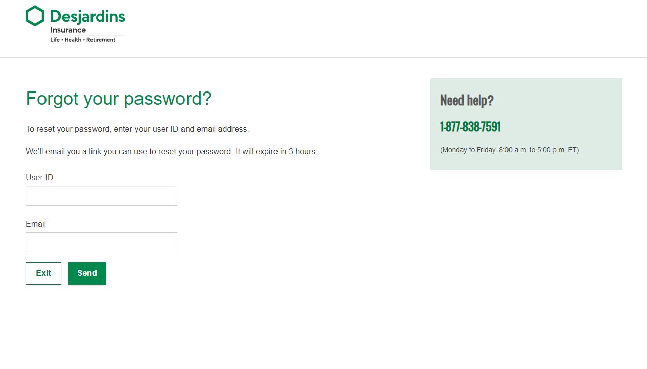 Desjardins Insuance Portal password reset screenshot