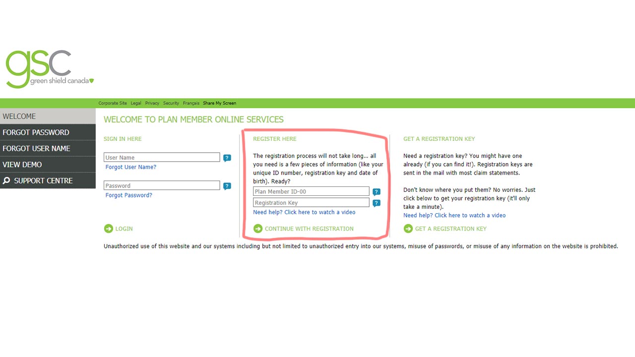 Green Shield Insuance Registration Screenshot