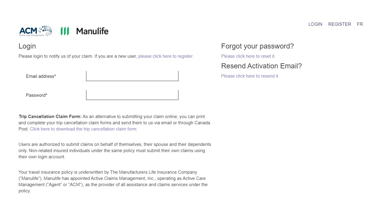 manulife travel insuance login screenshot