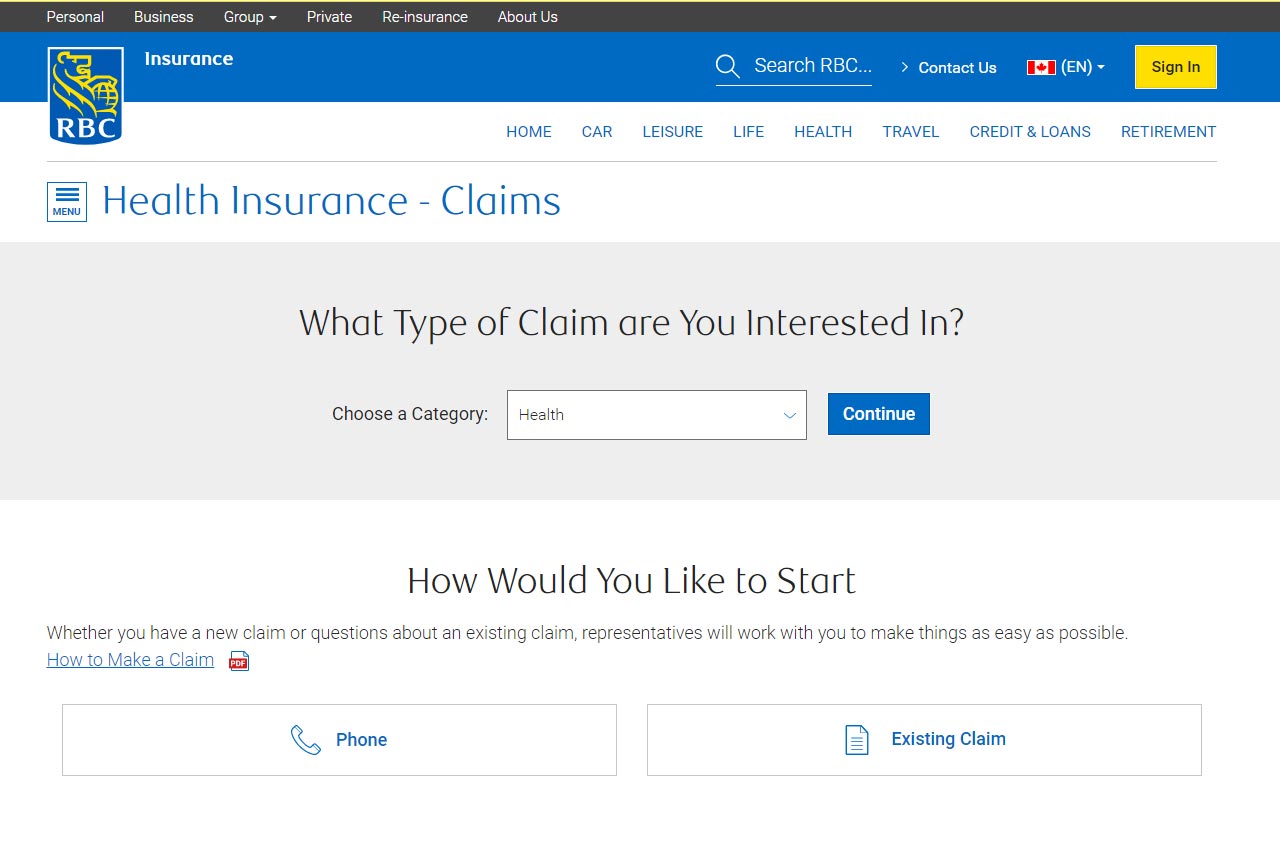 rbc insuance portal health claim screenshot