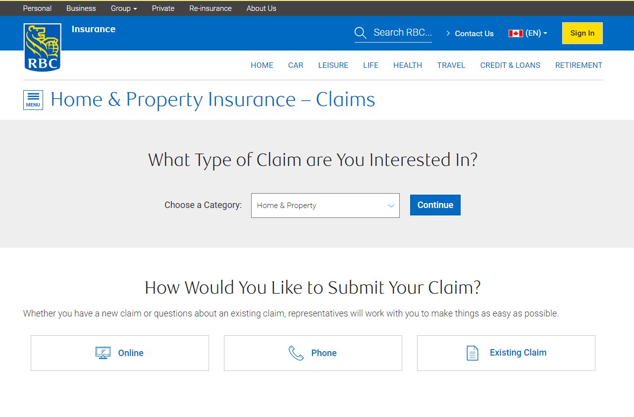 rbc insuance portal home claim screenshot