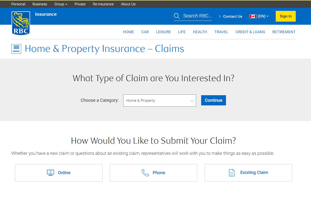 rbc insuance portal home claim screenshot