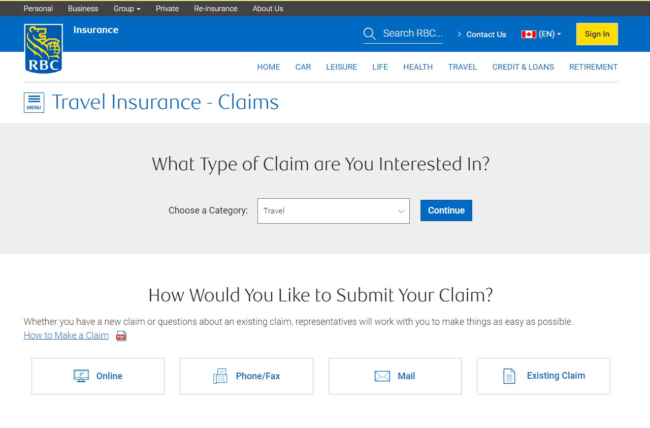 rbc insuance portal travel claim screenshot