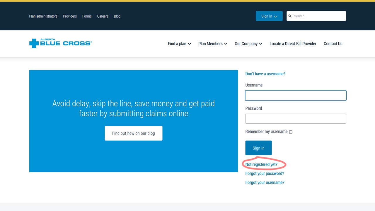 alberta blue cross website login screenshot