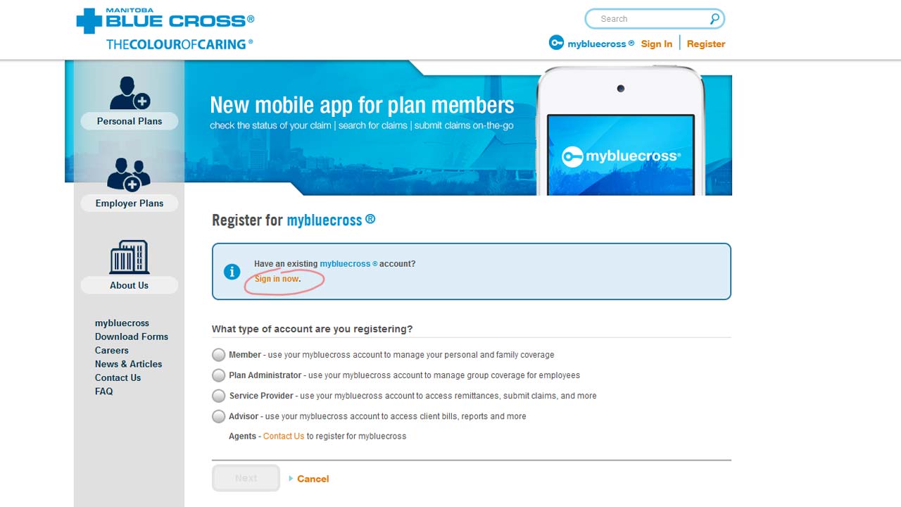 manitoba blue cross website login screenshot