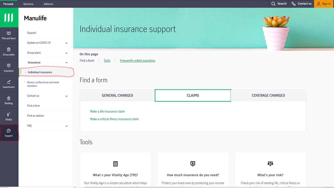 manulife claim online screenshot