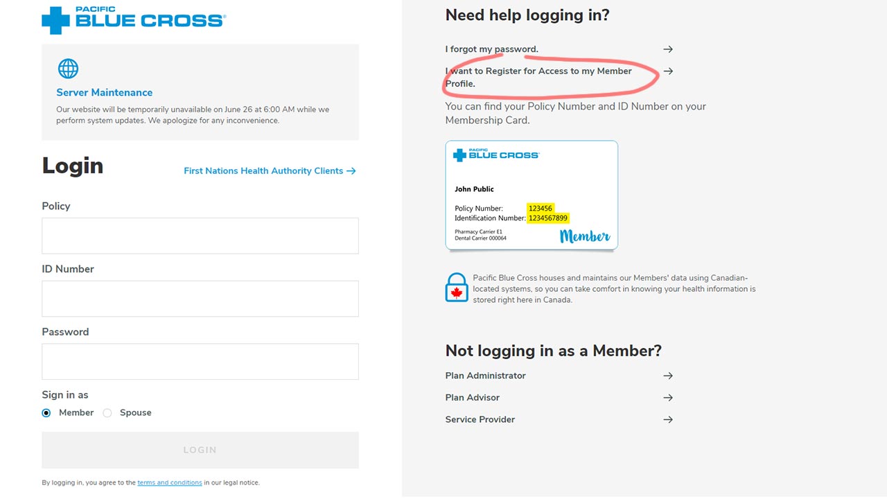 pacific blue cross website login screenshot