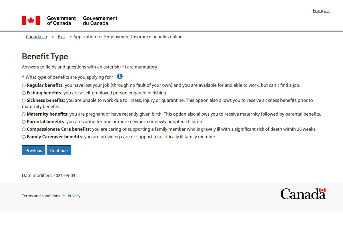 service canada website ei application online screenshot