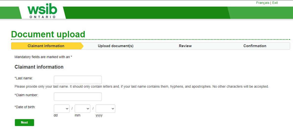 WSIB Claim website screenshot