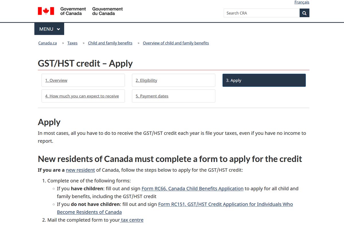 GST/HST Credit Application