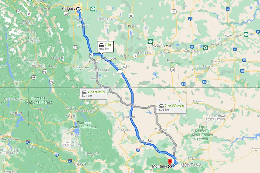 Calgary to Montana Map