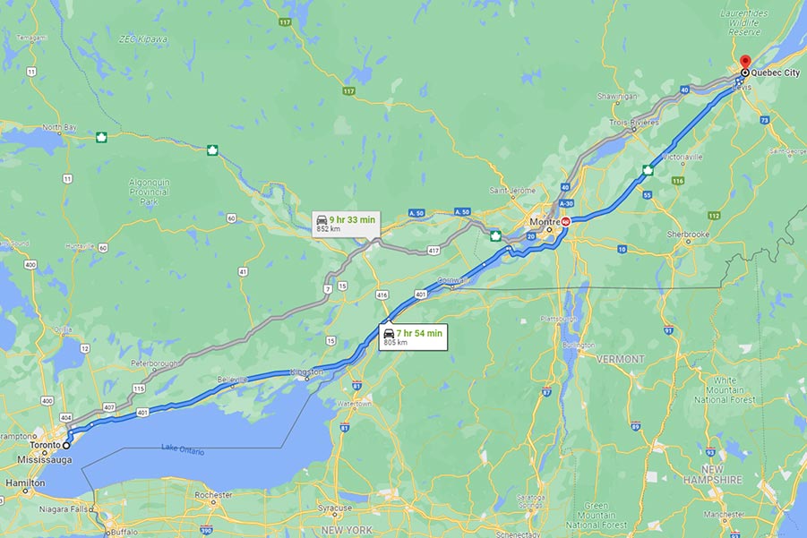 Toronto to Quebec City Map